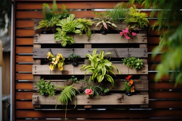 Naklejka na ściany i meble Recycled pallets with hanging plants creating a vertical garden