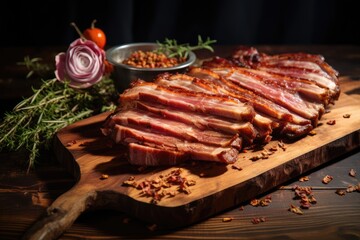 Sliced roast pork on a wooden cutting board