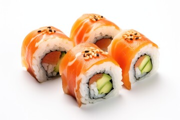 A set of fresh sushi rolls with salmon, avocado. Japanese cuisine.