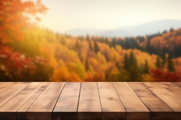 Naklejka na ściany i meble Old wooden table for product display with natural autumn landscape background.