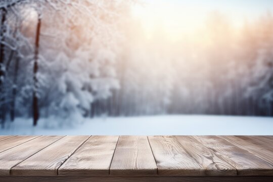Wooden table top on blurred background of winter landscape - for display your products