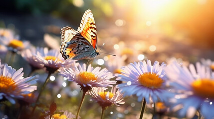 Beautiful butterfly among wild flowers, blurred background.