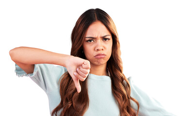 Angry, thumbs down and portrait of woman for fail, wrong and isolated on a transparent png...