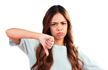 Angry, thumbs down and portrait of woman for fail, wrong and isolated on a transparent png background. Sad, dislike hand sign and face of person with emoji for negative review, feedback and bad vote