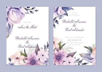 Minimalis White pink and purple Wedding Invitation, save the date, thank you, rsvp card Design template. Vector. winter flower, Rose, silver dollar, olive leaves, Wax flower, Anemone.