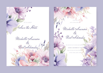 Watercolor wedding invitation template with romantic White pink and purple floral and leaves decoration