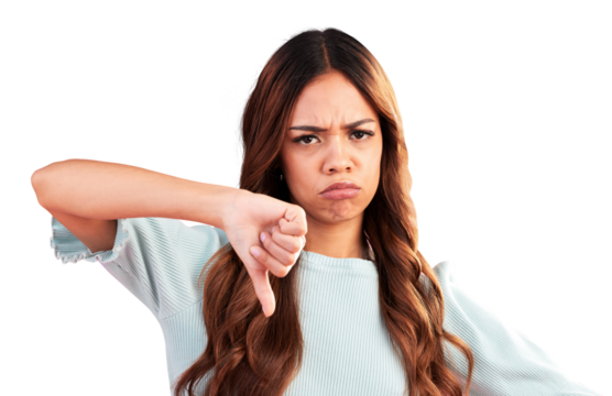 Angry, thumbs down and portrait of woman for fail, wrong and isolated on a transparent png background. Sad, dislike hand sign and face of person with emoji for negative review, feedback and bad vote