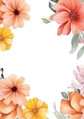 Floral white pink and orange watercolor wedding invitation template. Gold leave and flower background.