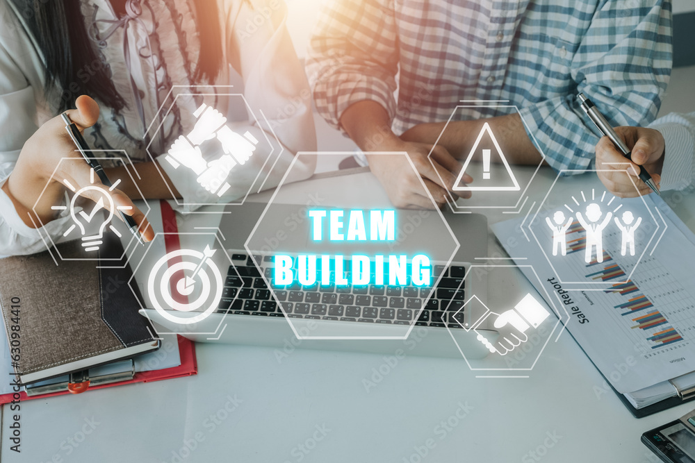 Poster team building concept, business team worker working in office with team building icon on virtual scr