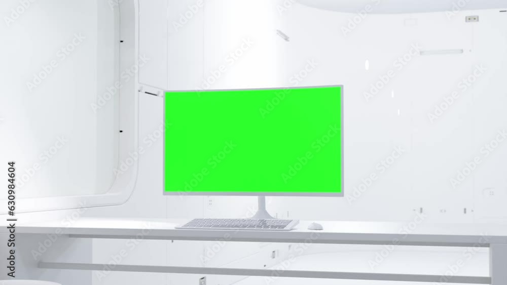 Aufkleber computer background. computer mock up with green screen on work desk in laboratory white room. can b