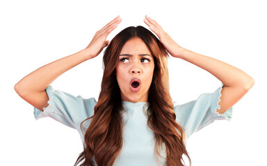 Confused, wow and woman mind blown by gossip on isolated, transparent and png background. Wtf,...