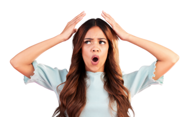 Confused, wow and woman mind blown by gossip on isolated, transparent and png background. Wtf, worry and female with surprise news, doubt or emoji reaction to unexpected drama, conflict or oops fail