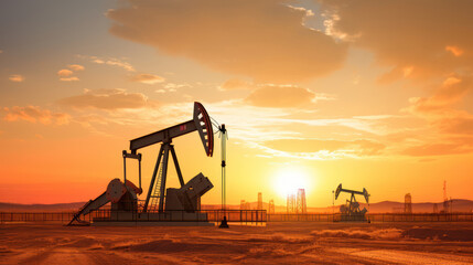 Crude oil pumpjack rig on desert silhouette in evening sunset 