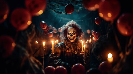 the devil's jest: an unsettling halloween tale of a diabolical clown's sinister games at a night filled with fright and laughter turned to screams. Ai Generated