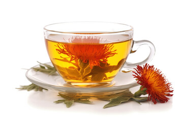  a safflower tea in glass and safflower  on white background - obrazy, fototapety, plakaty