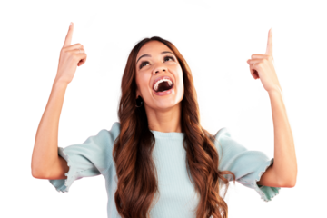Smile, pointing up or woman excited by a sale, deal or discount isolated on transparent png background. Advertising, happy or person showing product placement, promotion offer or retail announcement