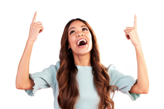 Smile, pointing up or woman excited by a sale, deal or discount isolated on transparent png background. Advertising, happy or person showing product placement, promotion offer or retail announcement