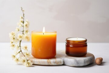Burning scented candle in a glass jar.