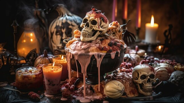 the grotesque halloween sundae: a chilling dessert adventure filled with skulls, pumpkins, and candles that unveils a culinary horror story for the brave and curious. Ai Generated