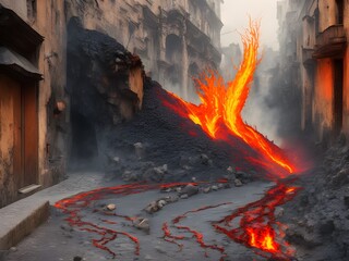 Volcano Death on Street of Ancient Medieval City, Generative AI Illustration