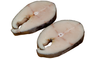 Steaks of white sea oily fish. Pieces of fatty catfish, sheatfish