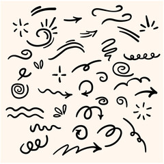 Doodle Swash Black Thin Line Set Termasuk Heart, Stroke, Circle dan Arrow Sign. Ilustrasi vektor
