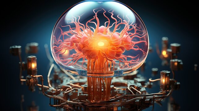 Top view of a human brain enheanced with biotech - elements