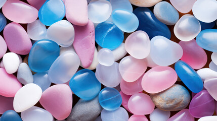 Summer beach, transparent and shining pebbles, light blue, pink, white glass stones