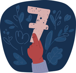 Cartoon vector illustration of Number seven in hand. Hand holding number 7 seven. Birthday 7 years, percent, seventh grade or day.