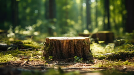 Tree stump foreground with summer forest - obrazy, fototapety, plakaty