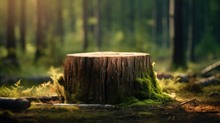 Tree stump foreground with summer forest - Powered by Adobe