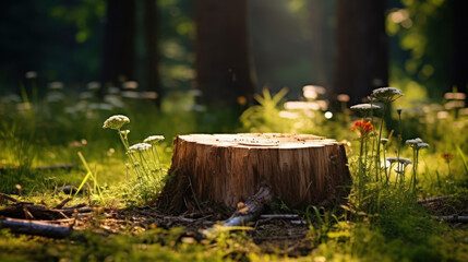 Tree stump foreground with summer forest