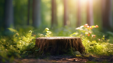 Tree stump foreground with summer forest