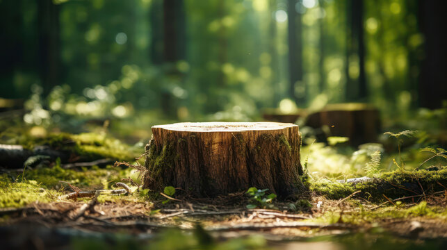 Tree stump foreground with summer forest