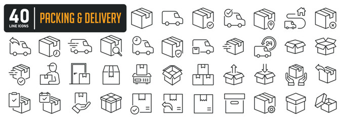 Fototapeta na wymiar Packing and delivery thin line icons. Editable stroke. For website marketing design, logo, app, template, ui, etc. Vector illustration.