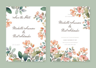 Watercolor wedding invitation template with romantic floral and leaves decoration