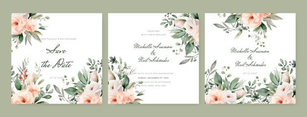 Fototapeta na wymiar wedding invitation, thank you,details,menu,welcome,boho,minimal template design with watercolor pink leaf and branch, watercolor invitation, beautiful floral wreath.