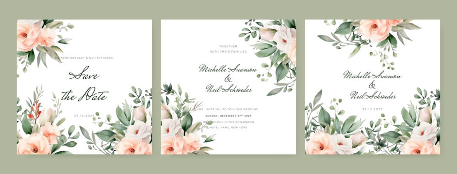 wedding invitation, thank you,details,menu,welcome,boho,minimal template design with watercolor pink leaf and branch, watercolor invitation, beautiful floral wreath.