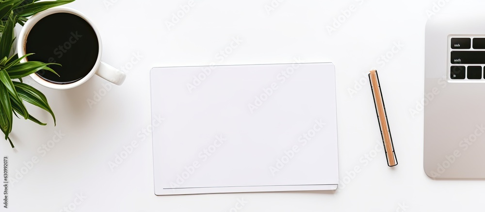 Poster a top-down view of a modern white office desk with a laptop computer, a smartphone with a black scre