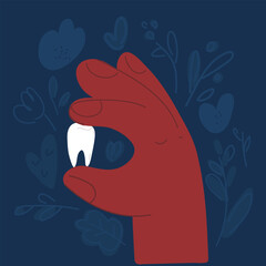 Cartoon vector illustration of hand holdign tooth