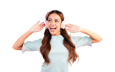 Woman, headphones and dance for singing, music and isolated on a transparent png background. Happy...