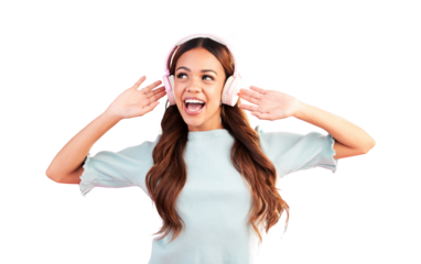Woman, headphones and dance for singing, music and isolated on a transparent png background. Happy model, singer and listening to audio, streaming sound and celebrate party with radio, podcast or fun