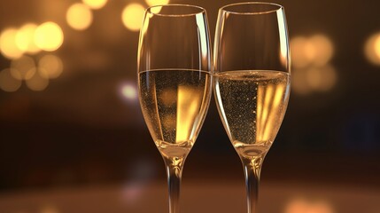 Close-up of Celebration toast with two glasses of Champagne. Golden bokeh light. Christmas or New Year concept
