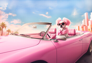 Surreal abstract dog portrait in pink convertible car with fantasy bright combinations in style of Barbie pink. Banner. Generative Ai content