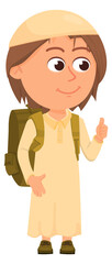 Saudi boy with backpack. Islamic school kid character