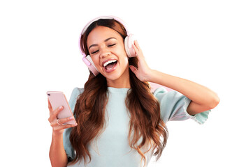 Woman, headphones and singing with smartphone for music, fun app and isolated on transparent png...
