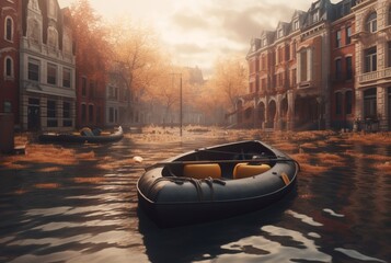 rubber boat in the middle of an urban area where a natural disaster occurred. generative ai - obrazy, fototapety, plakaty