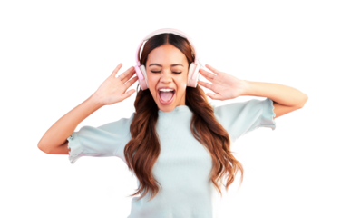 Woman, dance and and singing with music headphones for audio, subscription and isolated on transparent png background. Excited female singer, dancing and listening to album, streaming sound and radio