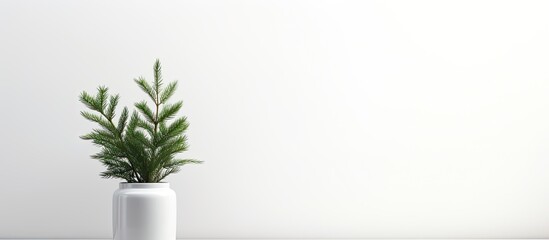 A blank white wall mockup featuring green fir branches in a vase on a white table, perfect for showcasing