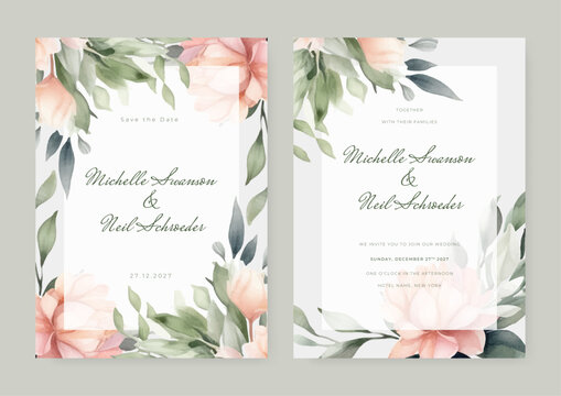 wedding invitation, thank you card, rsvp, details,menu,welcome,boho DIY minimal template design with watercolor greenery leaf and branch, watercolor invitation, beautiful floral wreath.
